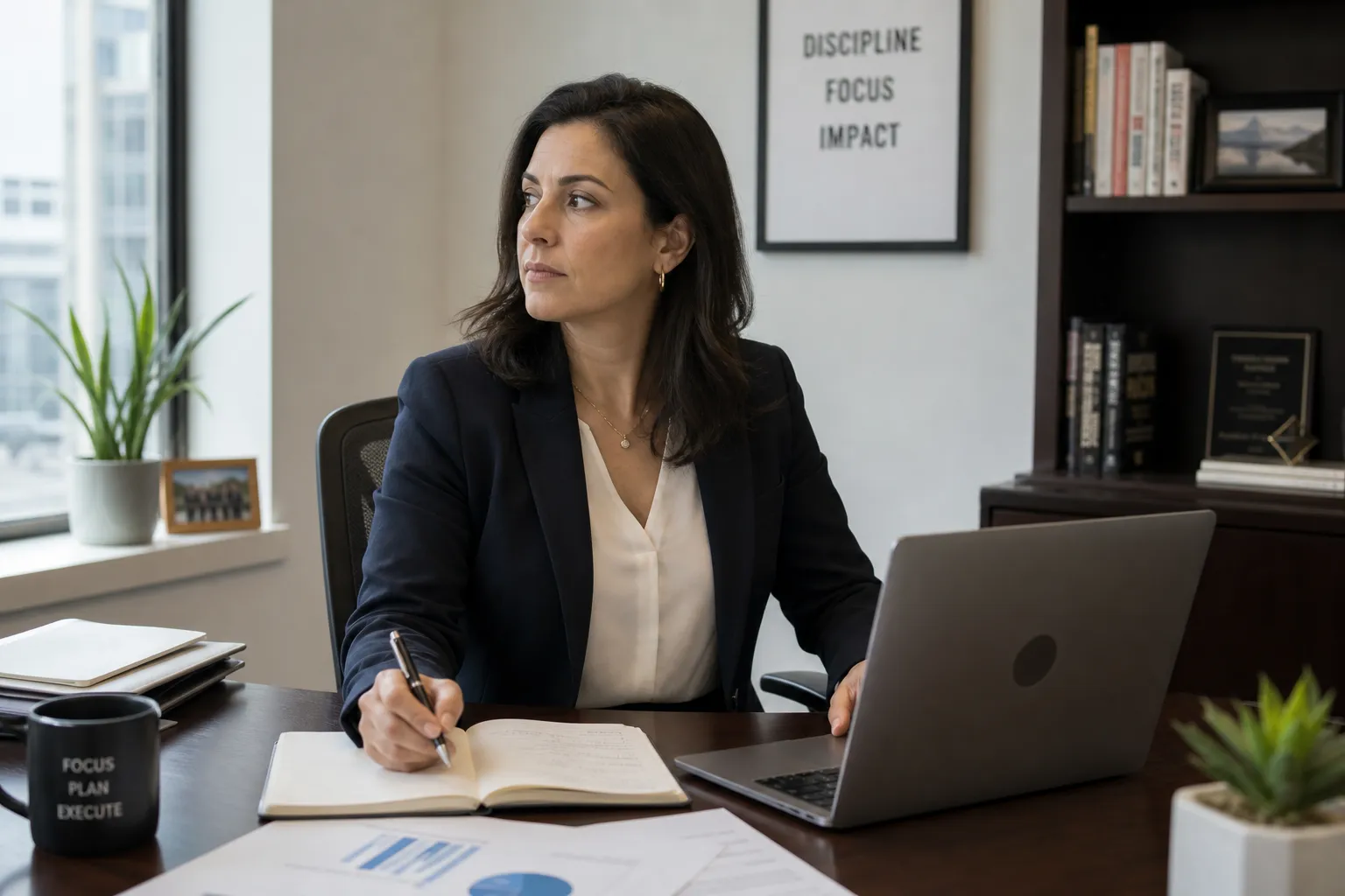 A mid-career professional sitting at a desk looking at two different directions, representing the choice between staying and pivoting
